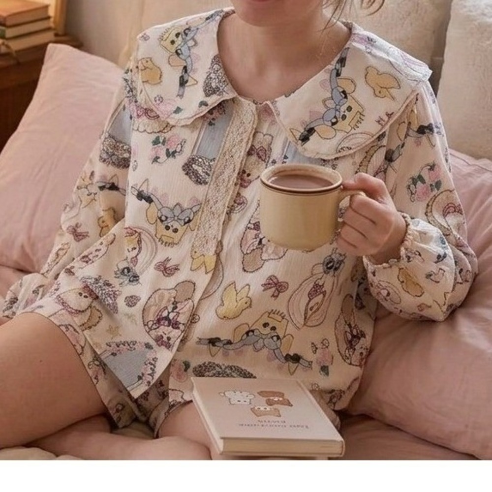 Pajama Top Fashion Kawaii Cat Print Peter Pan Collar Lace Trim Cream Pastel  2